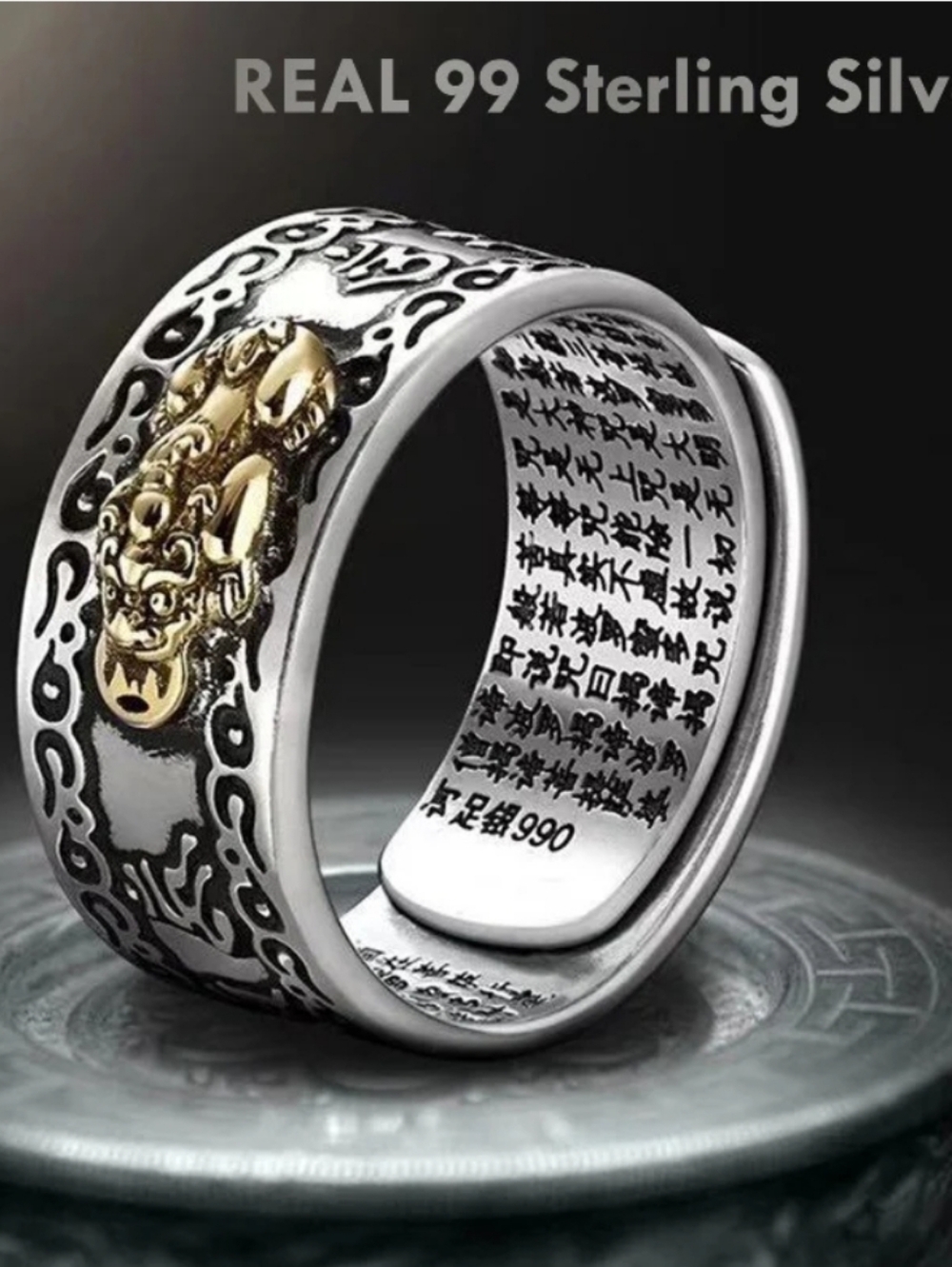 Feng Shui Pixiu Mantra Ring Sterling Silver Adjustable Unisex
